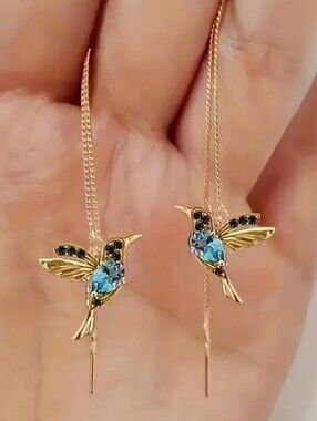 Elegant Gold Hummingbird Earrings with Blue body and black wing Accents